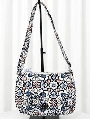 👜Vera Bradley Floral Shoulder Bag Quilted Cotton Purse | Blue Black Peach Medal